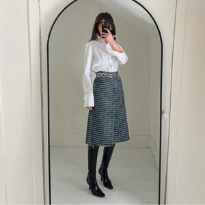 Tory Burch Deconstructed Denim Midi Skirt in Sublime Jacquard & Vintage Wash NWT